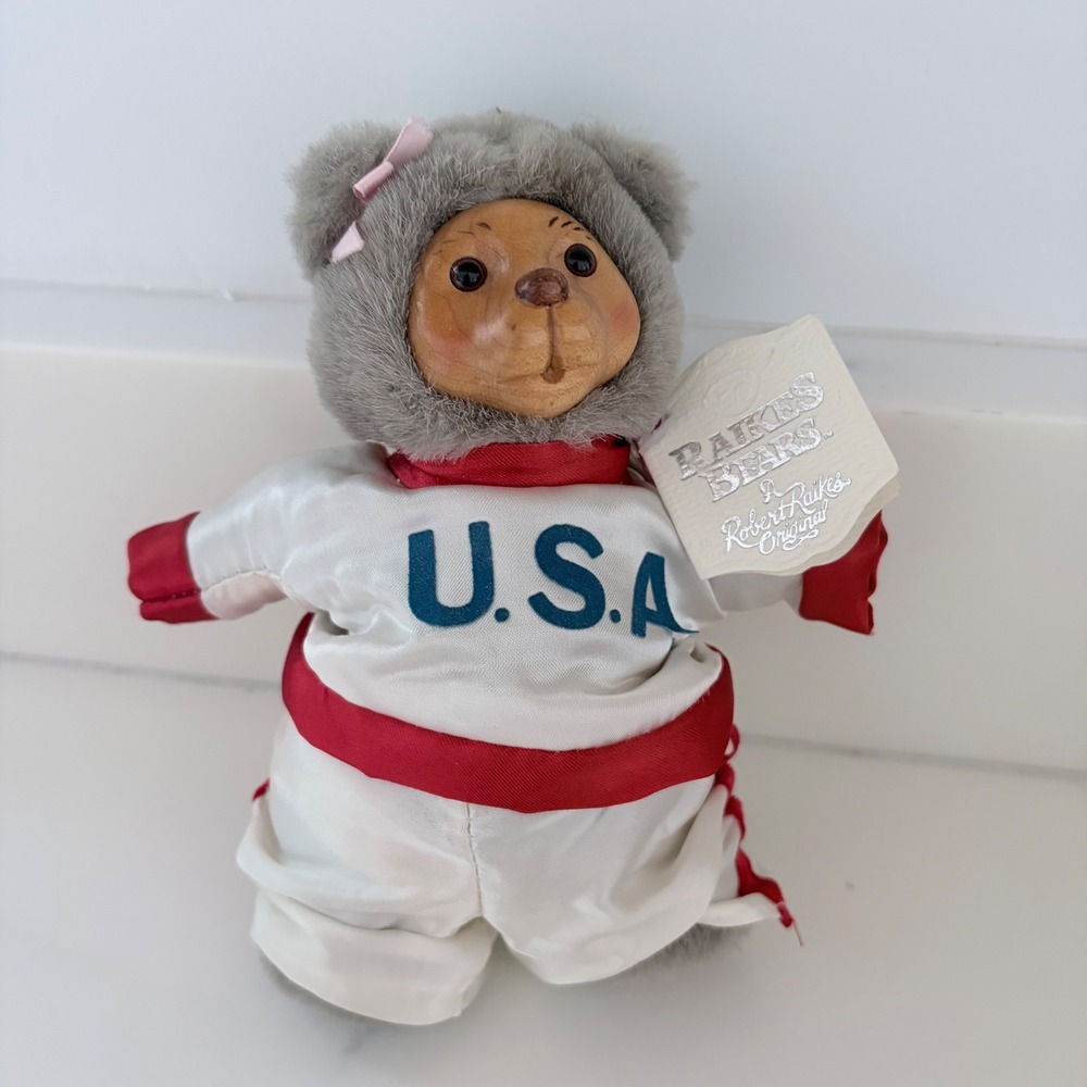 Robert Raikes Bears USA Olympic Wood Face Plush Nursery Miniatures Grey 7in